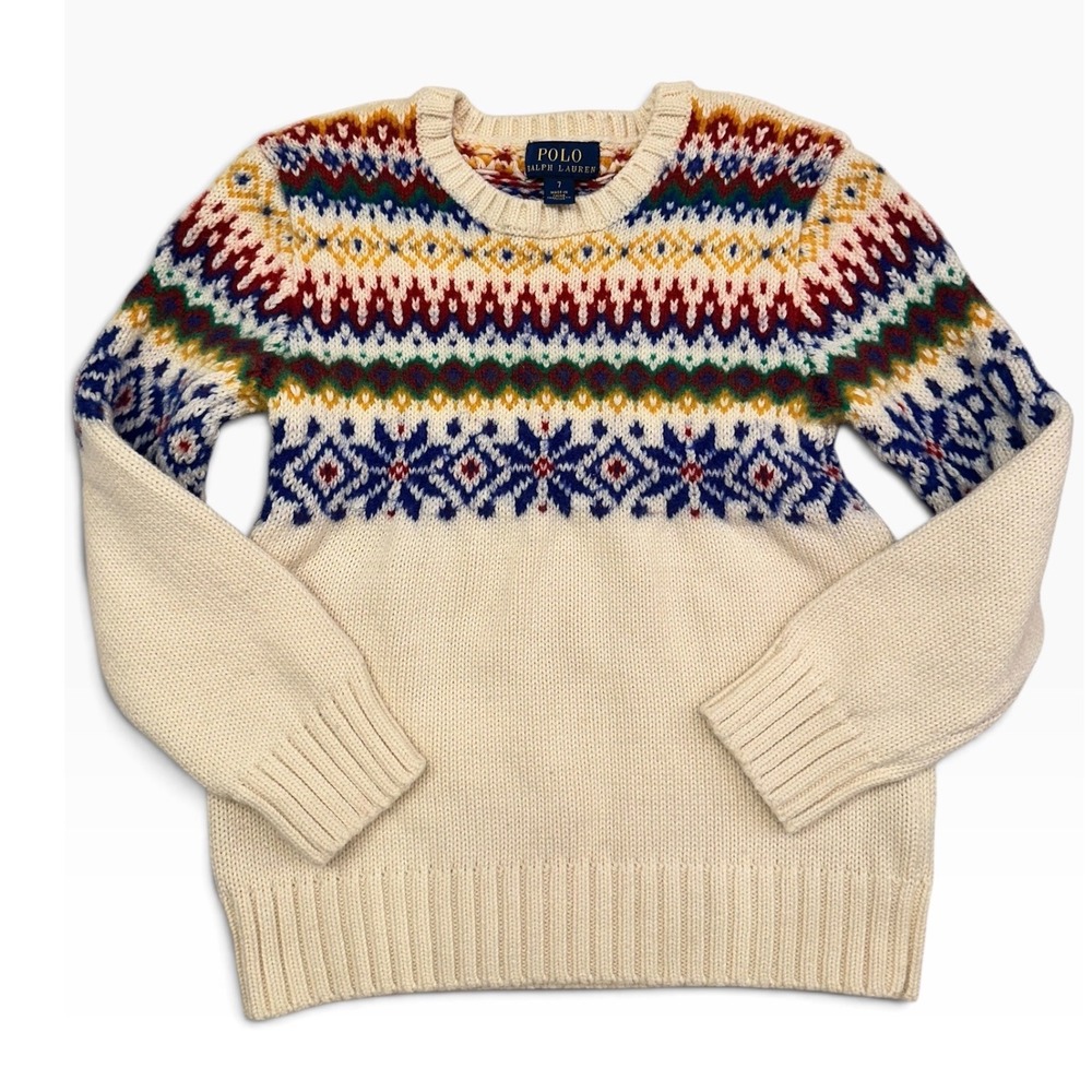 Polo Ralph Lauren Boys Ivory Fair Isle Crewneck Sweater 7 Cotton Wool Ski READ